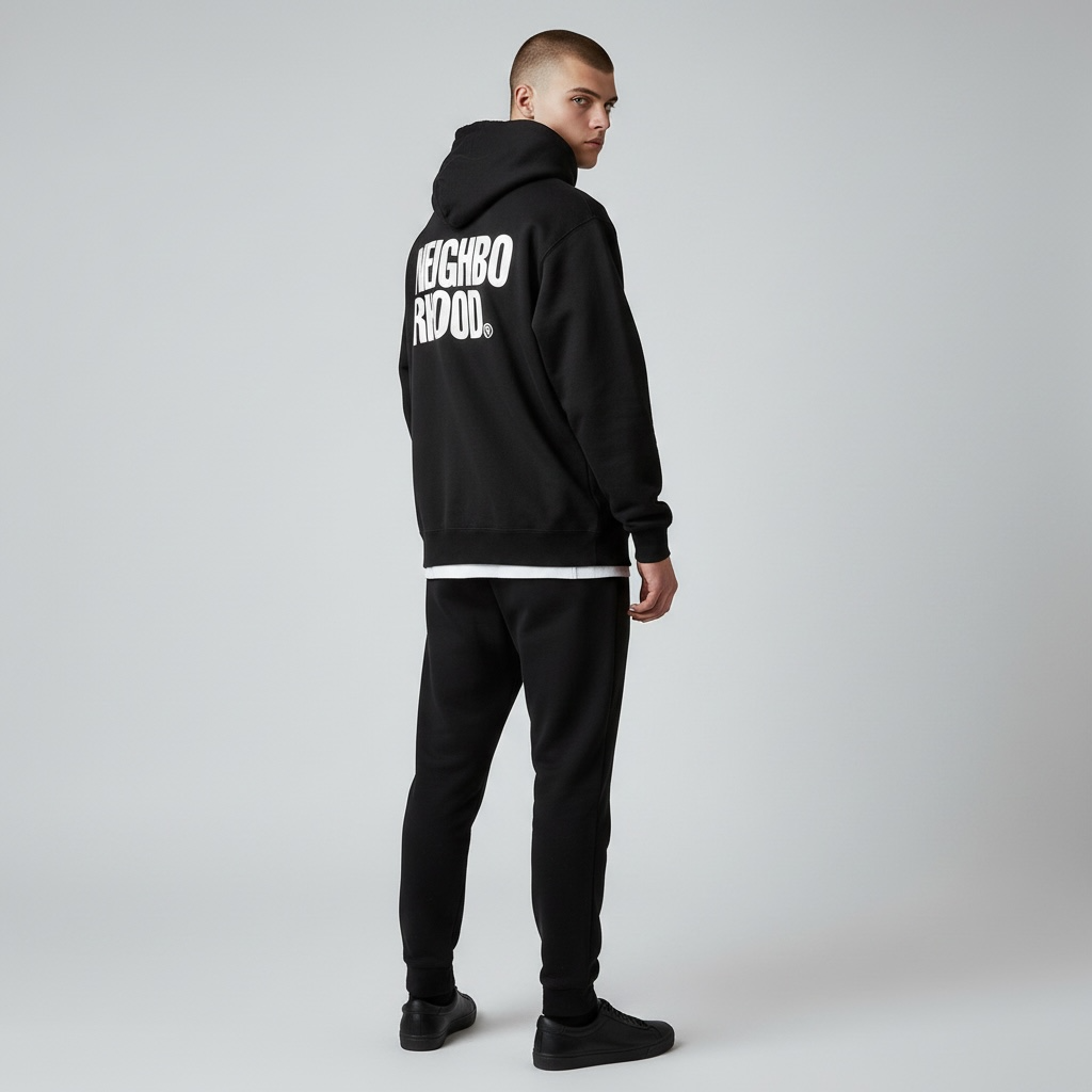 Black NEIGHBORHOOD Classic Zip Hoodie with front pockets and hood, casual streetwear style, on a plain background.