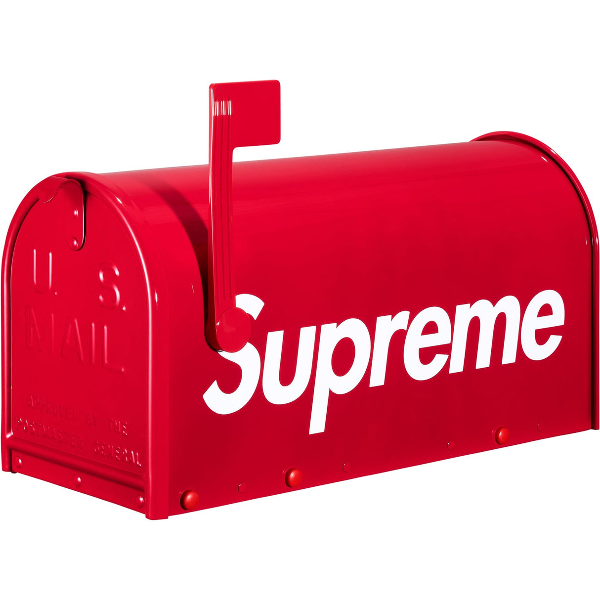 Supreme Gaines Mailbox apparel in vibrant red, featuring a bold mailbox graphic on the front, stylish streetwear by Supreme.