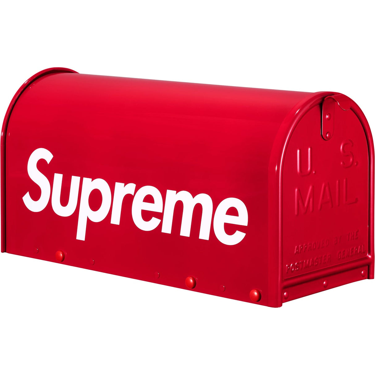 Supreme Gaines Mailbox apparel in red, featuring a bold mailbox graphic design on the front, casual streetwear style.