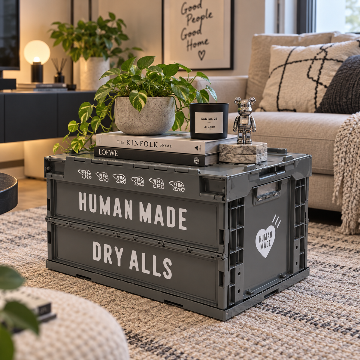 Human Made 50L grey foldable crate box for accessories with sturdy handles and collapsible design, ideal for storage and organization.