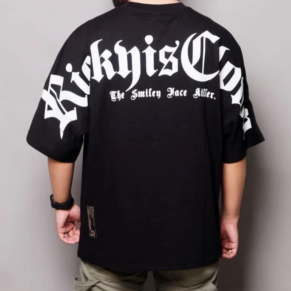 Black Rickyisclown Gothic Logo Drop Shoulder Tee featuring a bold logo design on the front, casual and stylish apparel.