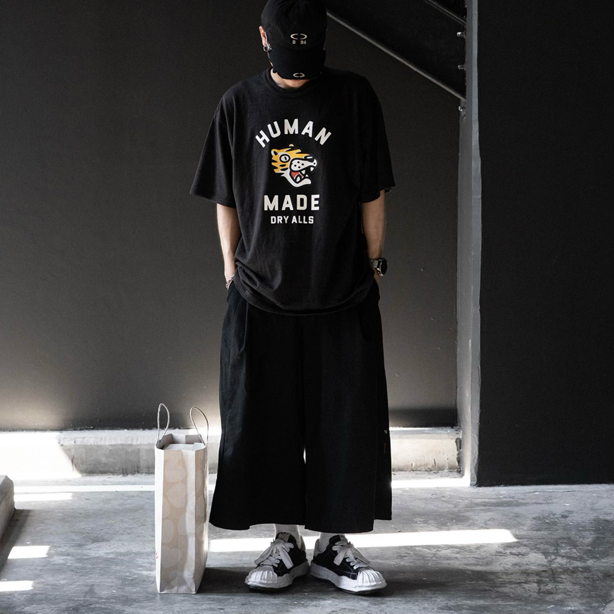 Black Human Made Tiger Tee featuring a front graphic of a tiger, casual short-sleeve T-shirt for streetwear style.