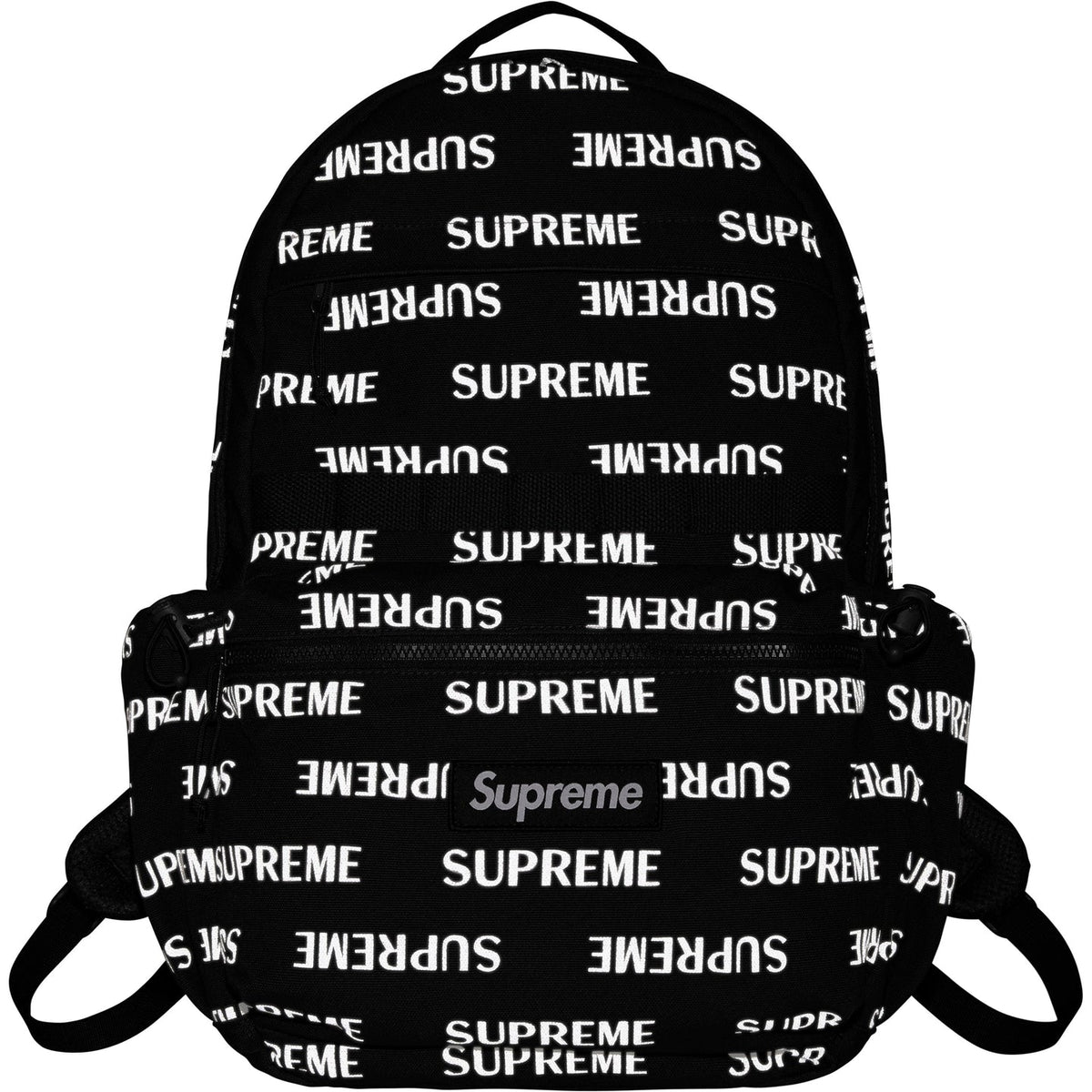 Supreme black backpack with reflective silver monogram logo, stylish bags for casual and streetwear use.