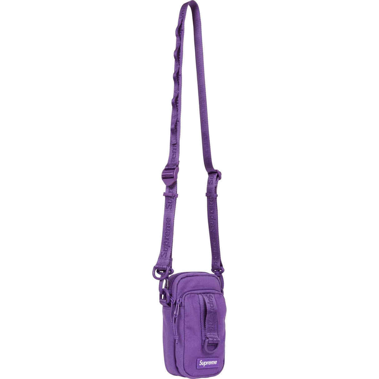 Supreme purple box logo sling bag featuring adjustable strap and compact design, ideal for casual everyday use.