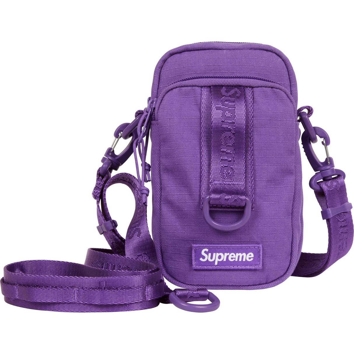 Supreme purple box logo sling bag with adjustable strap and compact design, ideal for casual carry and everyday use.