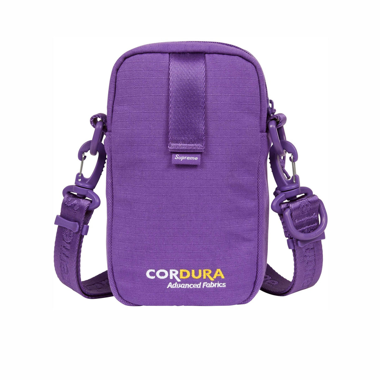 Supreme purple box logo sling bag shown from the side with adjustable strap and branding details.