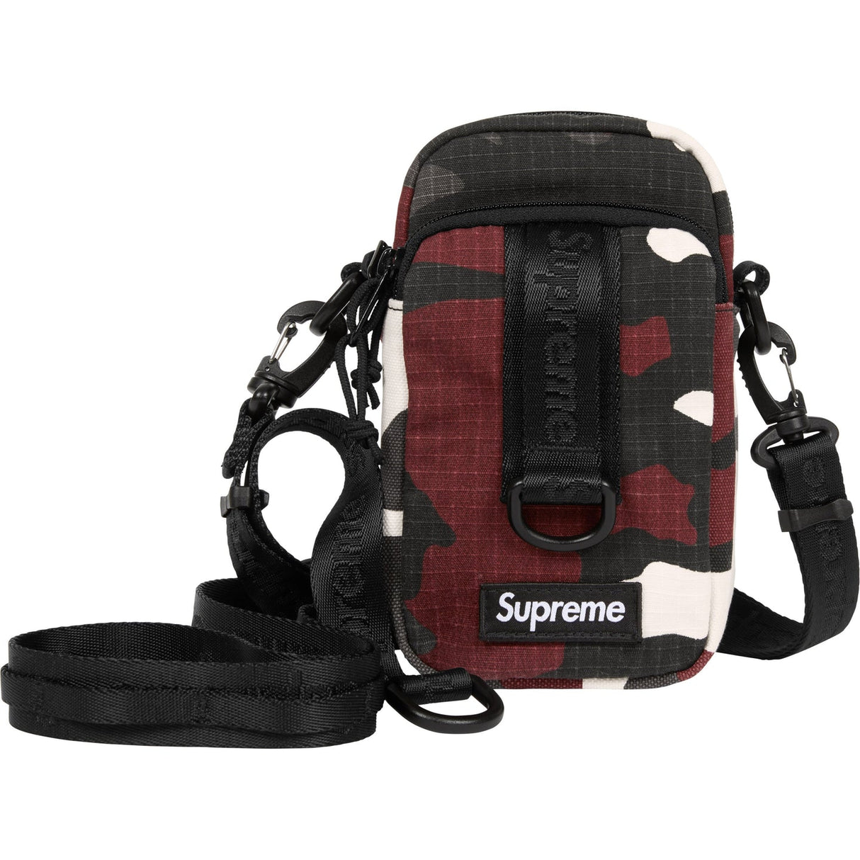 Supreme box logo sling bag in red camouflage pattern with adjustable strap and side pocket, stylish and functional accessory.