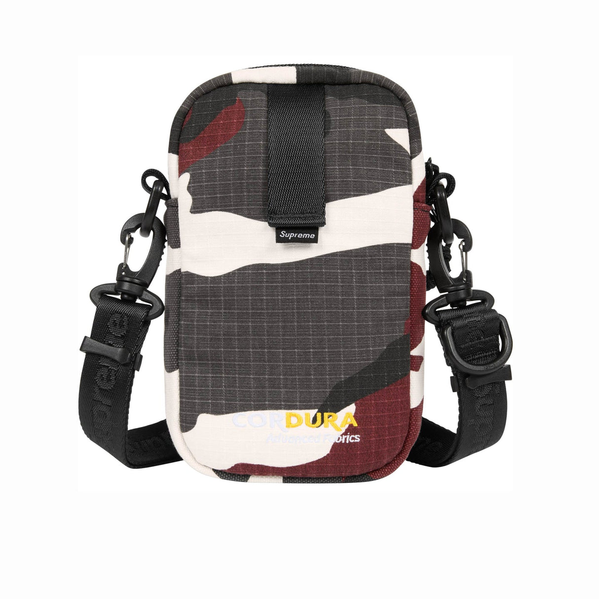 Supreme red camo box logo sling bag side view, featuring adjustable strap and bold logo on the front.