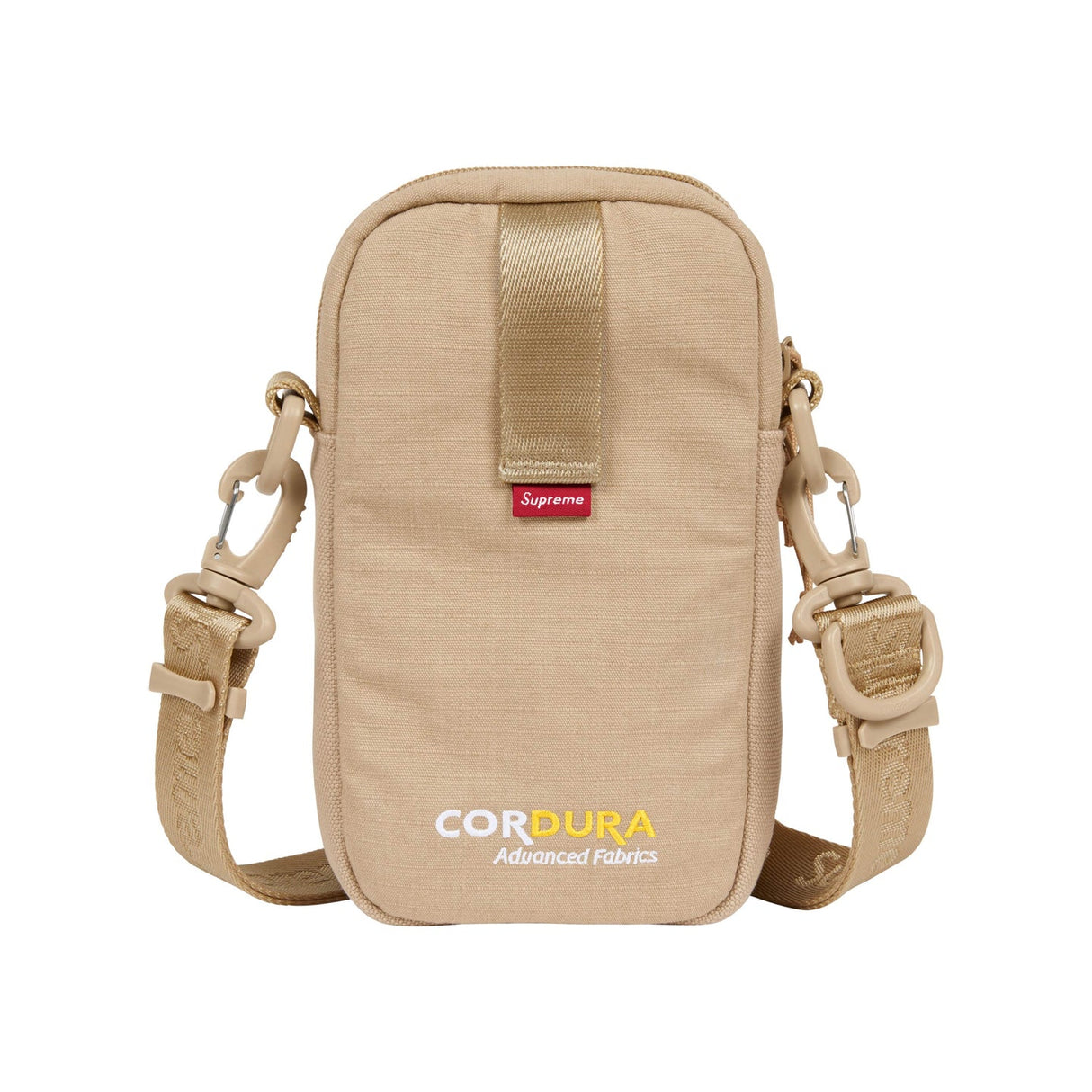 Supreme Tan Box Logo Sling Bag shown from side view, featuring adjustable strap and sleek design.