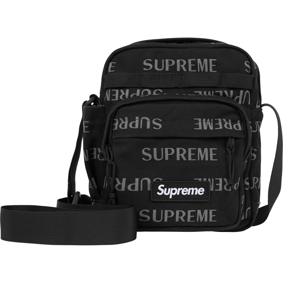 Supreme reflective black shoulder bag with silver monogram logo, featuring a sleek design and adjustable strap.
