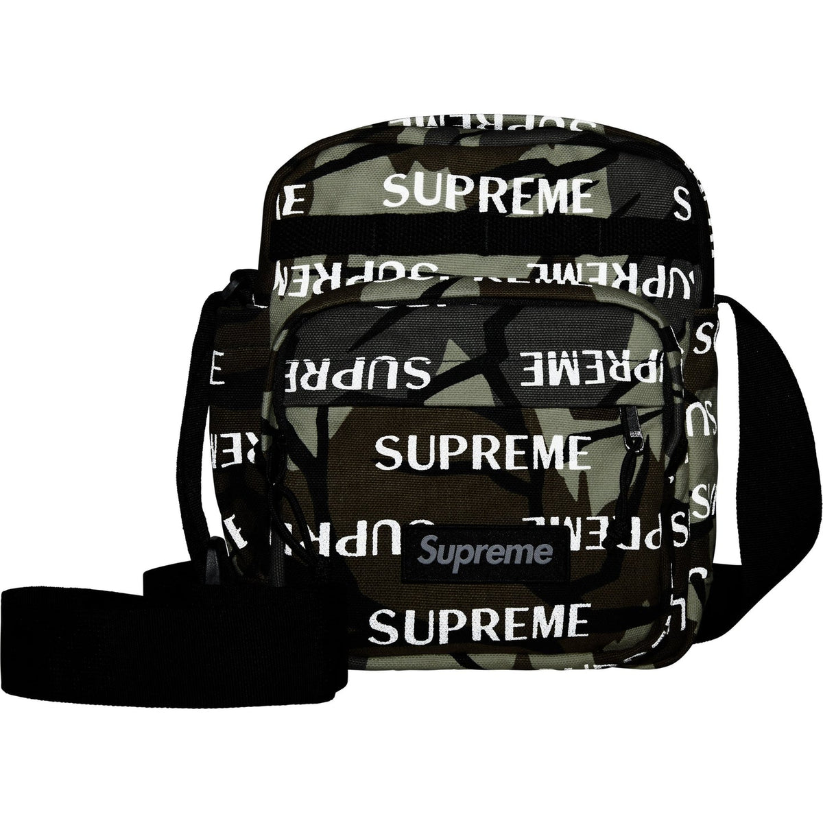 Supreme reflective monogram logo shoulder bag in predator camo with silver logo detail, side view showcasing its design and material.