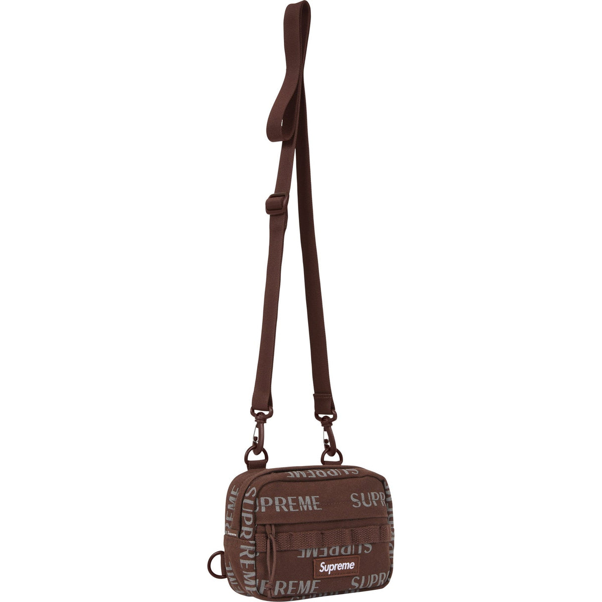 Supreme reflective monogram logo mini shoulder bag in brown with silver logo, featuring a compact design and adjustable strap.
