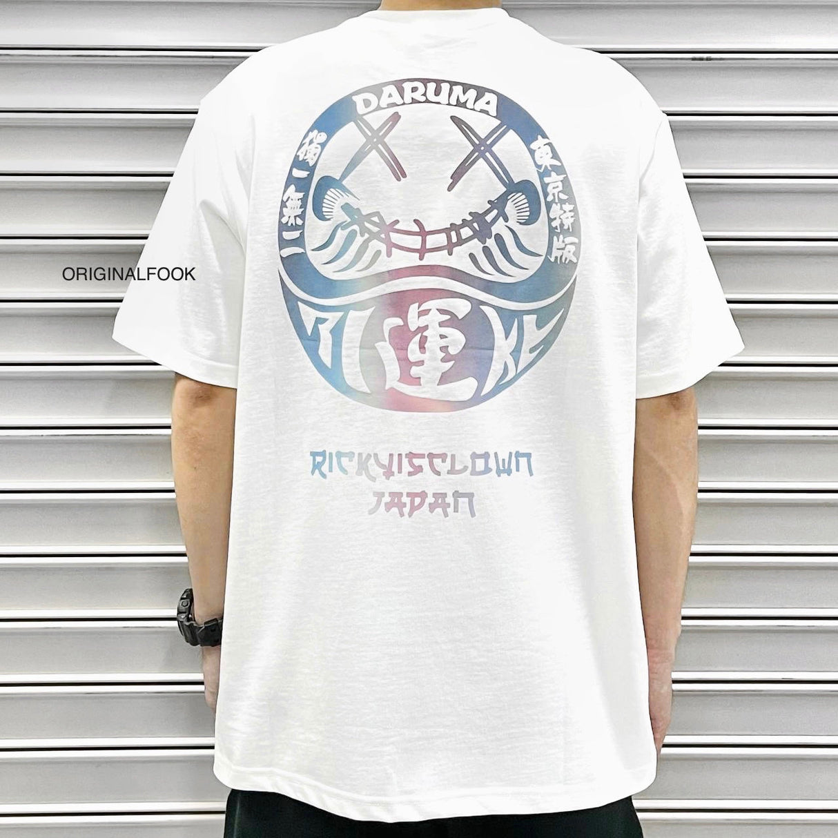 Rickyisclown Japan Lucky Daruma laser-reflective white t-shirt with bold graphic design, casual fit, and branding details.