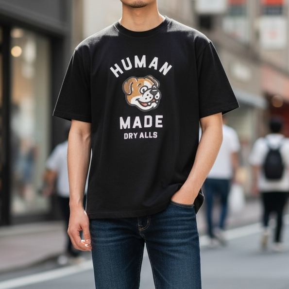 Black Human Made Bulldog T-shirt featuring a graphic print, casual short-sleeve apparel for streetwear style.