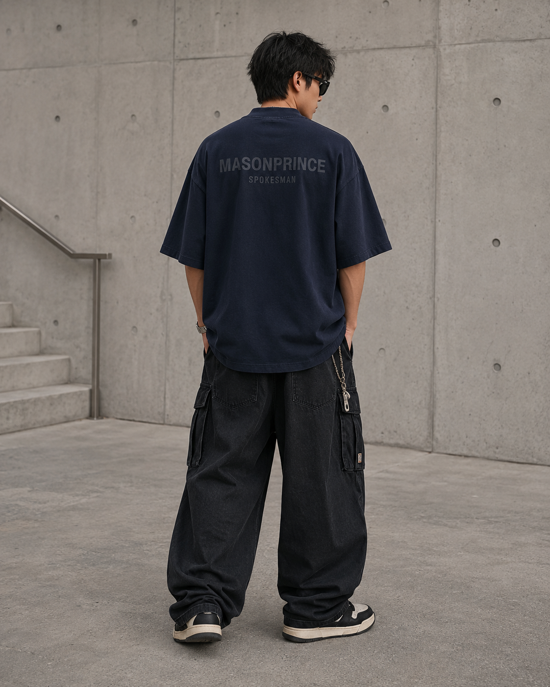 MasonPrince navy oversized reflective mock neck tee, casual apparel, showing front view with reflective details and relaxed fit.