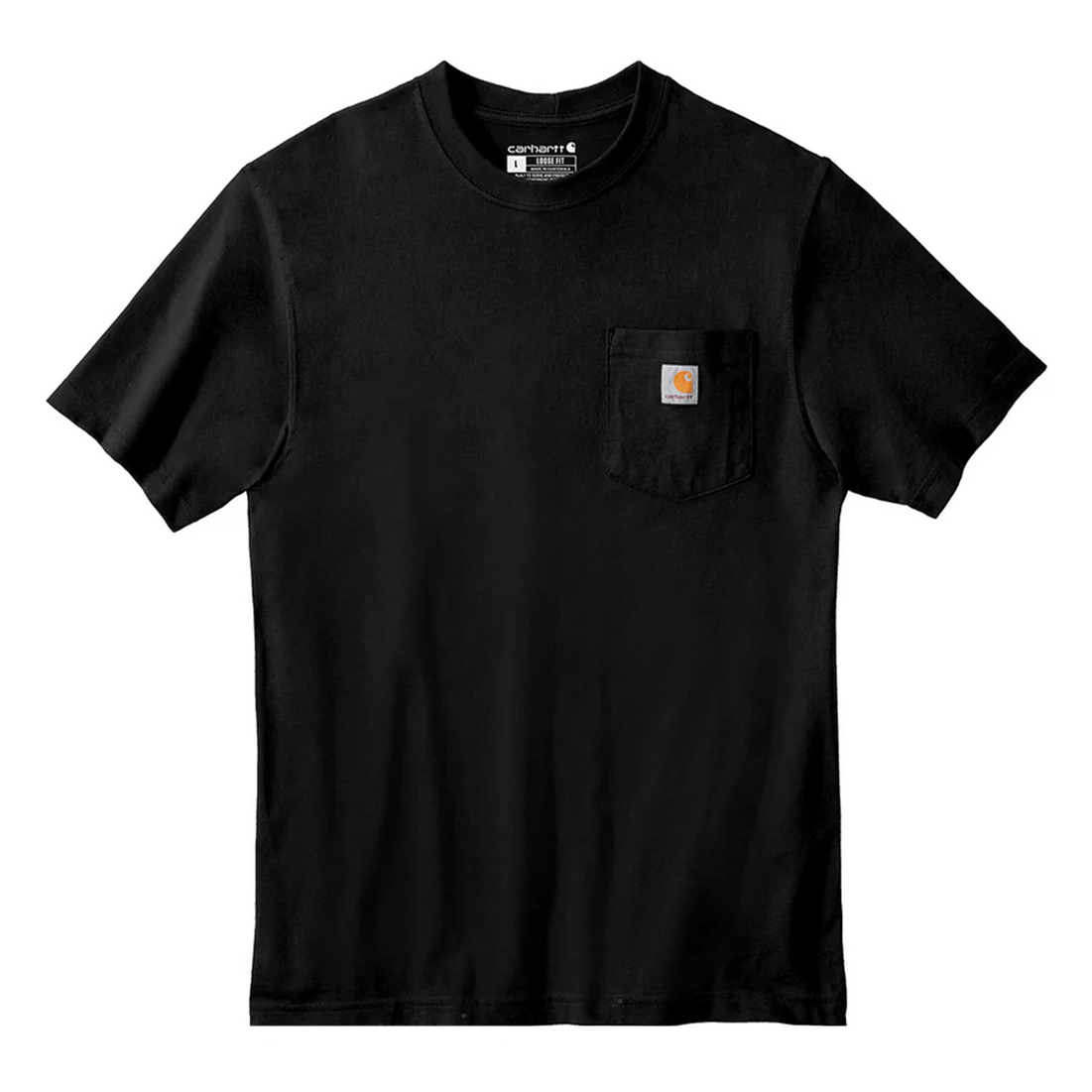 Black Carhartt K87 oversized pocket t-shirt, heavyweight short-sleeve apparel with front pocket, casual and comfortable style.