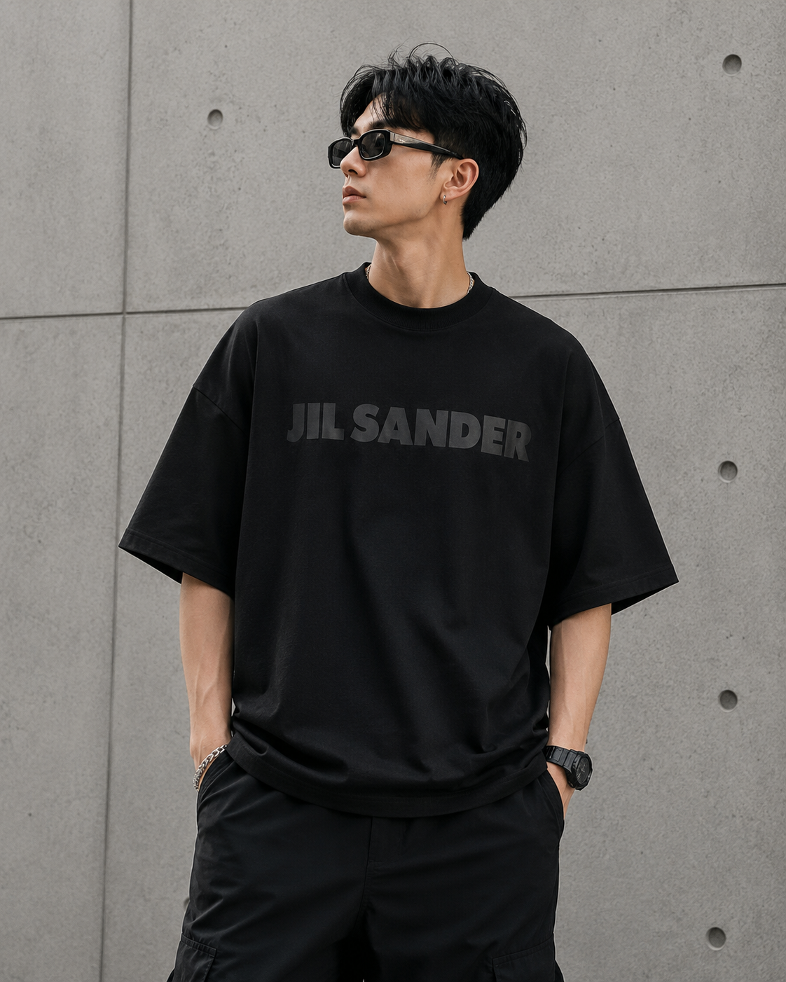 Black Jil Sander Signature Logo Tee, casual T-shirt with brand logo on the front, made from soft fabric.