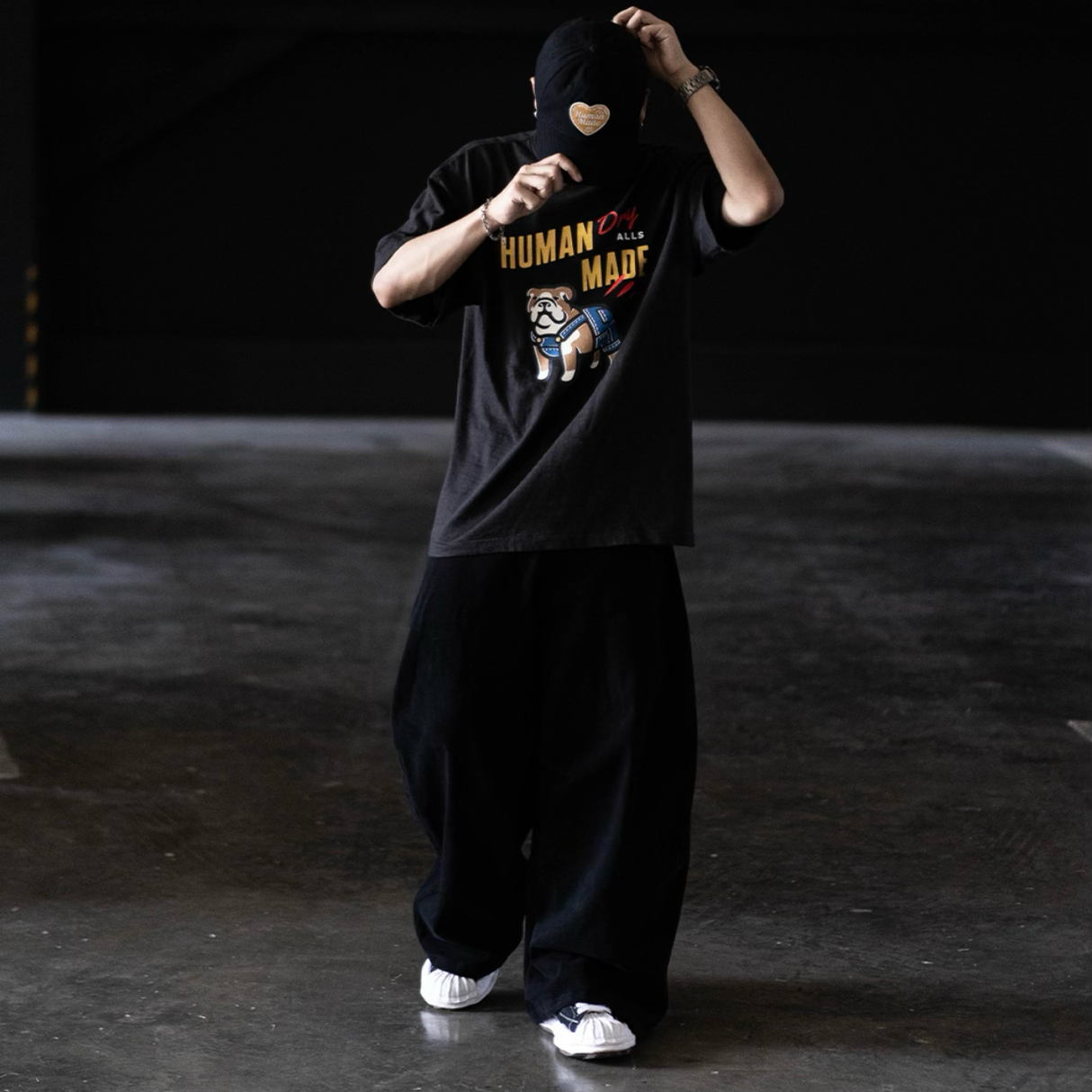 Black Human Made Bulldog Dry Alls Tee, casual T-shirt with graphic design, made of soft fabric, displayed flat on a white background.