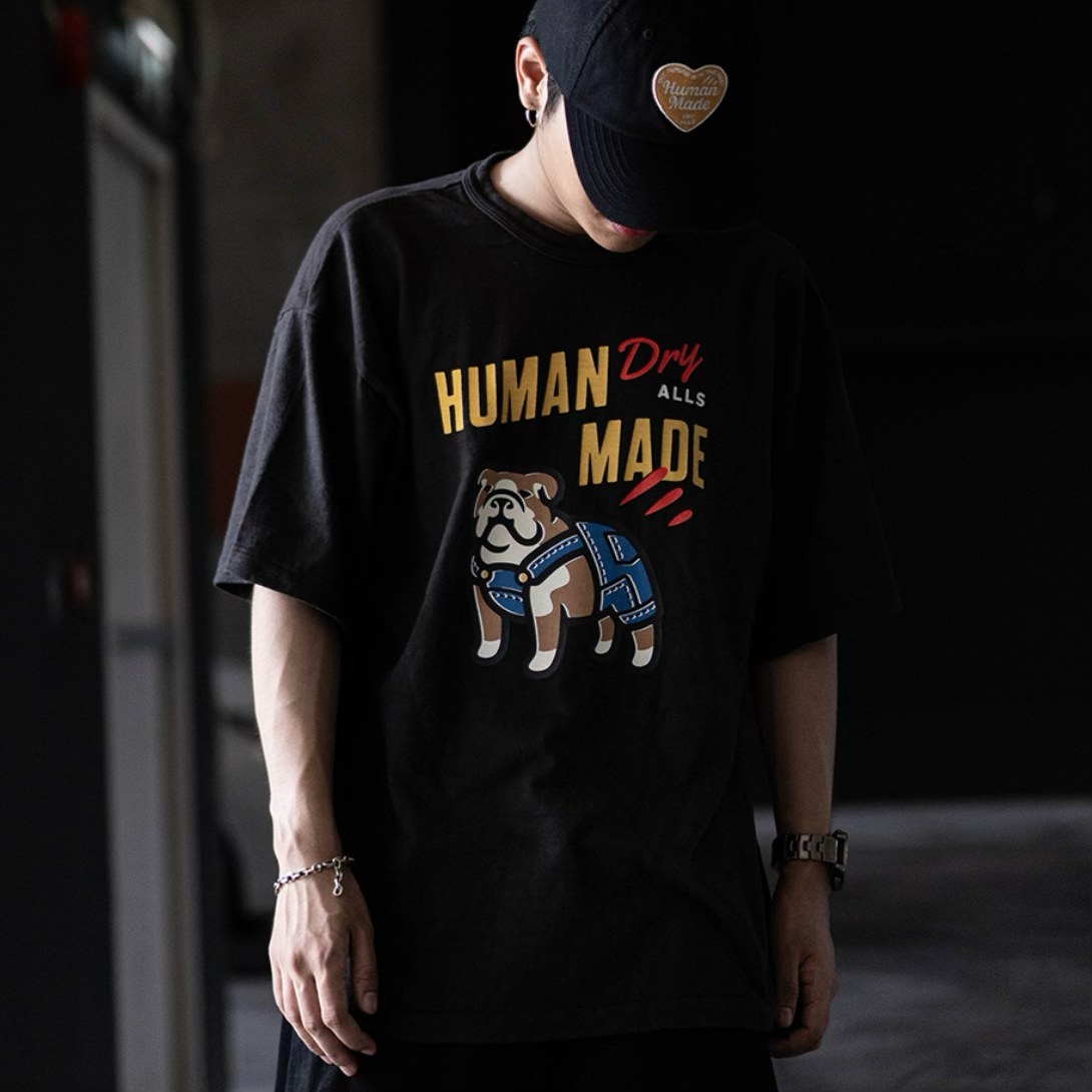 Black Human Made Bulldog Dry Alls Tee shirt with graphic print, casual apparel featuring a relaxed fit and bold design.