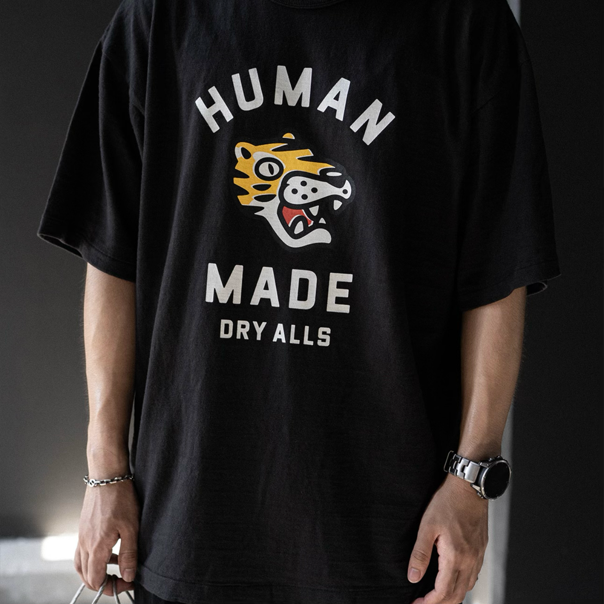 Black Human Made Tiger Tee shirt with graphic print, casual apparel featuring the iconic tiger logo on the front.