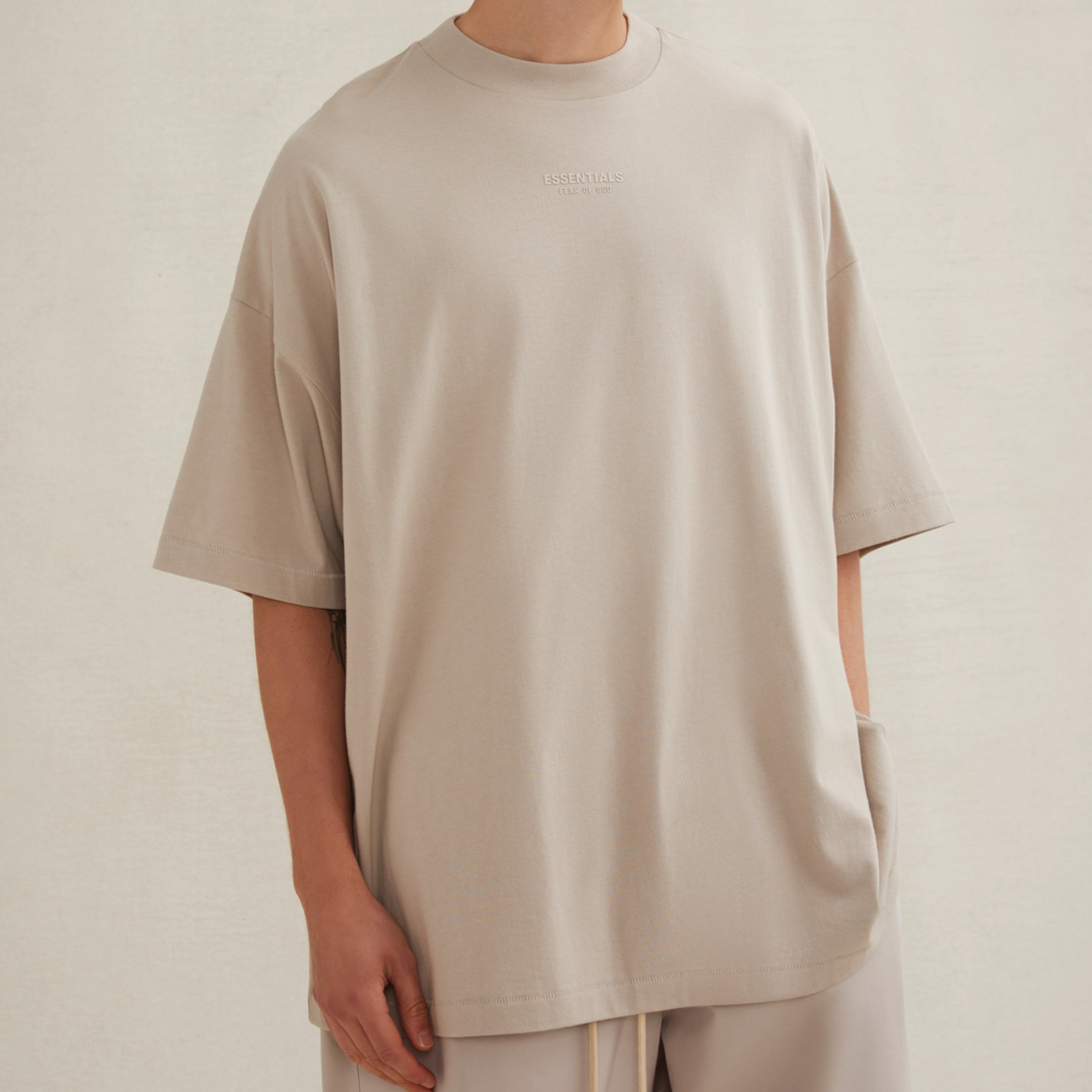 Fear of God Essentials Applique Logo Drop Shoulder Tee Silver Cloud (Oversized) FEAR OF GOD FEAR OF GOD - originalfook singapore