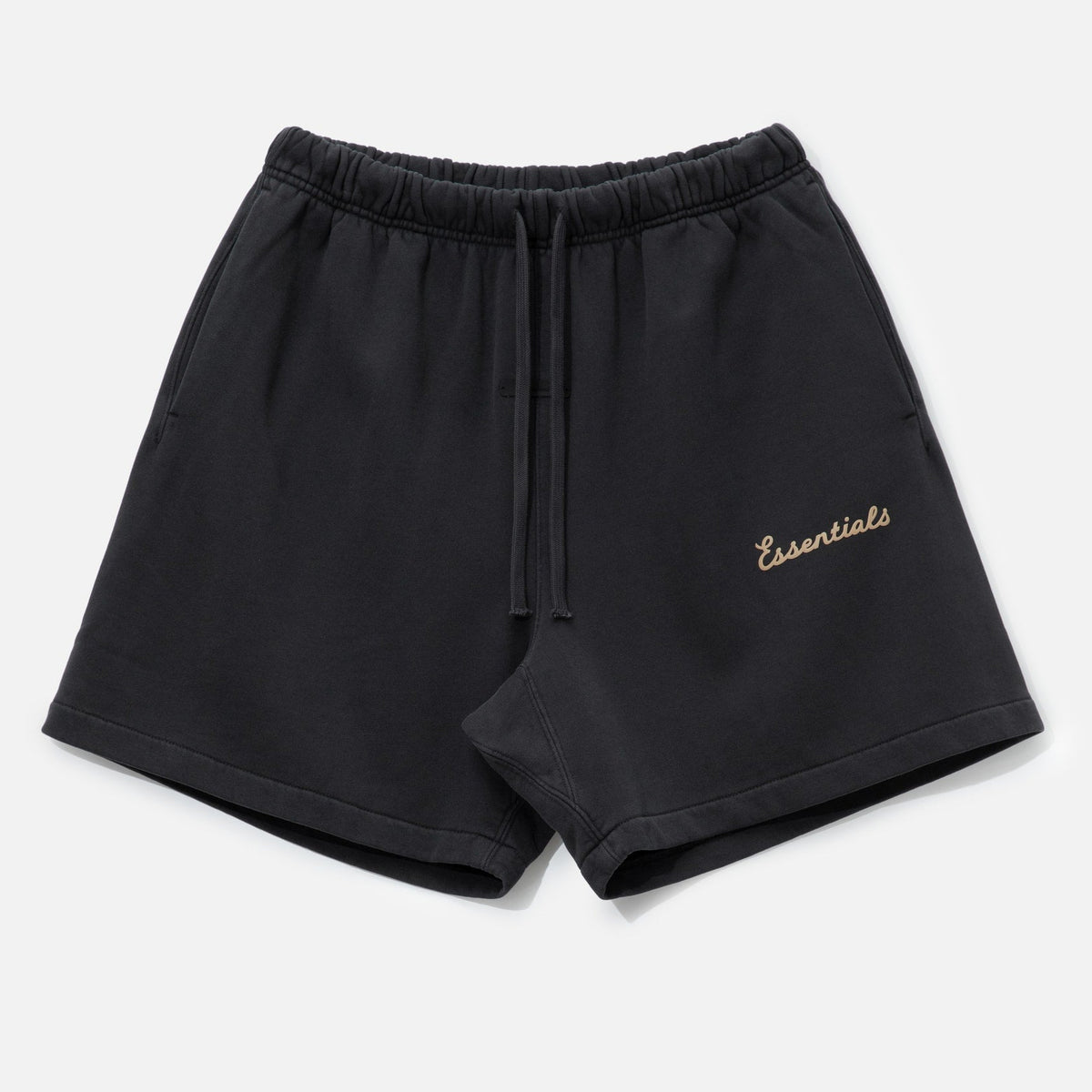 Fear of God Essentials Training 90s Shorts in faded black, casual athletic shorts with a relaxed fit and branded design.