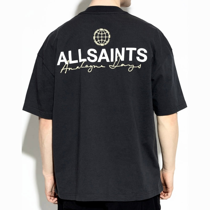 AllSaints washed black emblem logo tee, casual apparel with a printed brand emblem on the front, displayed on a hanger.