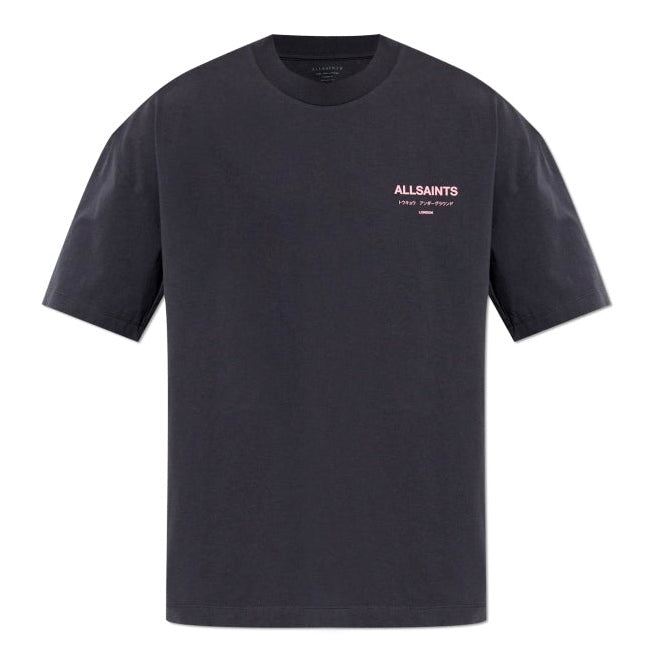 AllSaints Underground Logo Tee in washed black with pink logo, casual short-sleeve cotton T-shirt for everyday wear.