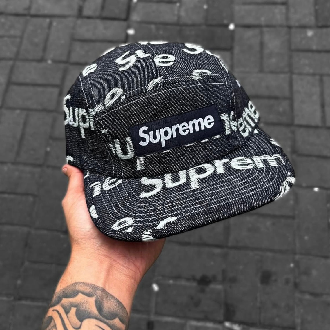 Supreme Jacquard Logo Denim Cap Black
