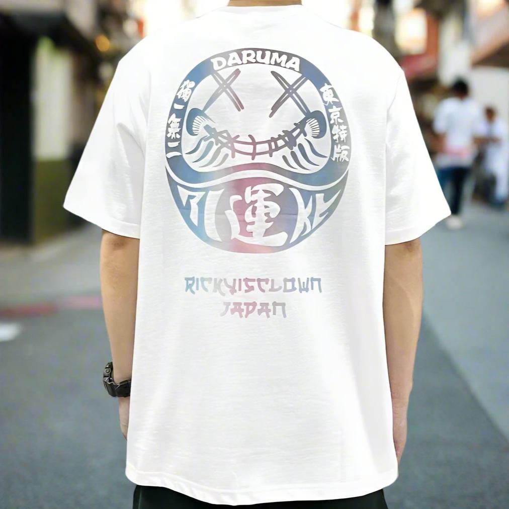 Rickyisclown Japan Lucky Daruma laser reflective white T-shirt with bold graphic design, casual apparel by RICKYISCLOWN.
