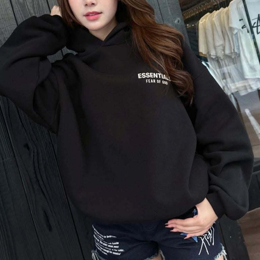 Fear Of God Essentials Signature Logo Black Hoodie - ORIGINALFOOK