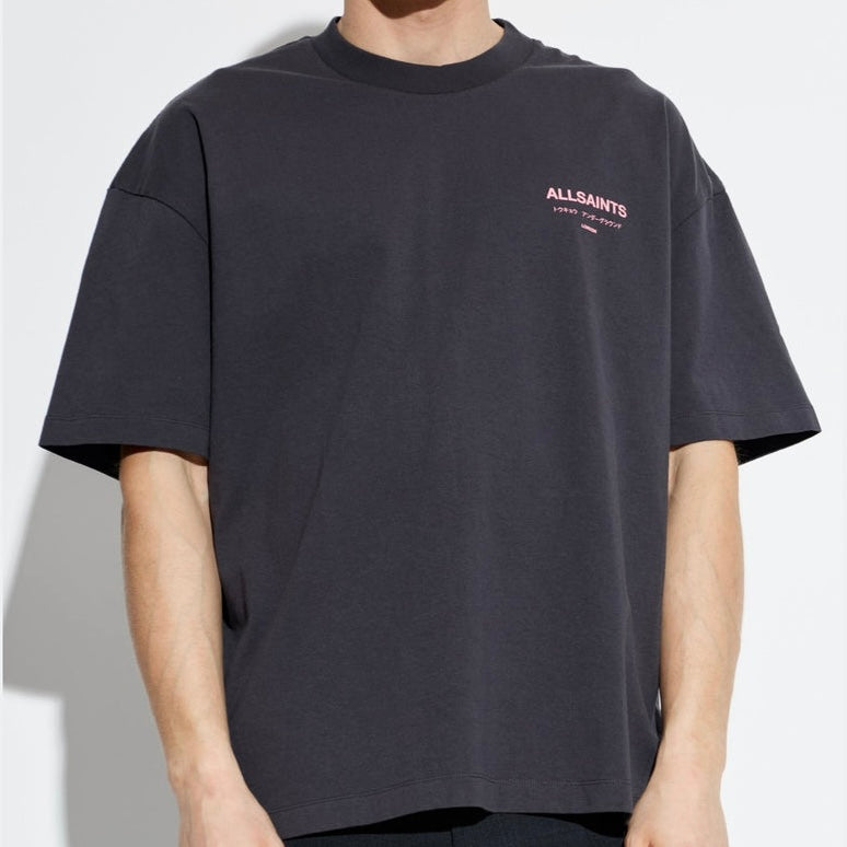 AllSaints Underground Logo Tee in washed black pink, casual apparel with a prominent logo design on the front.