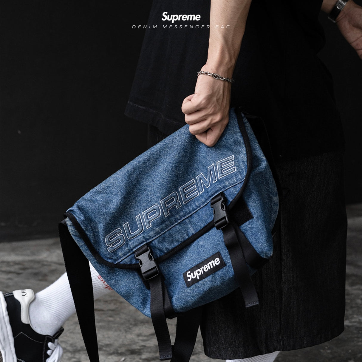 Supreme Reflective Logo Denim Messenger Bag Washed Indigo - ORIGINALFOOK