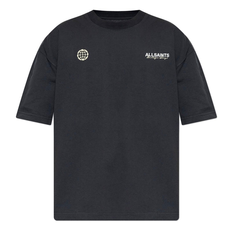 AllSaints washed black emblem logo tee, casual apparel with a front logo design, shown on a plain background.