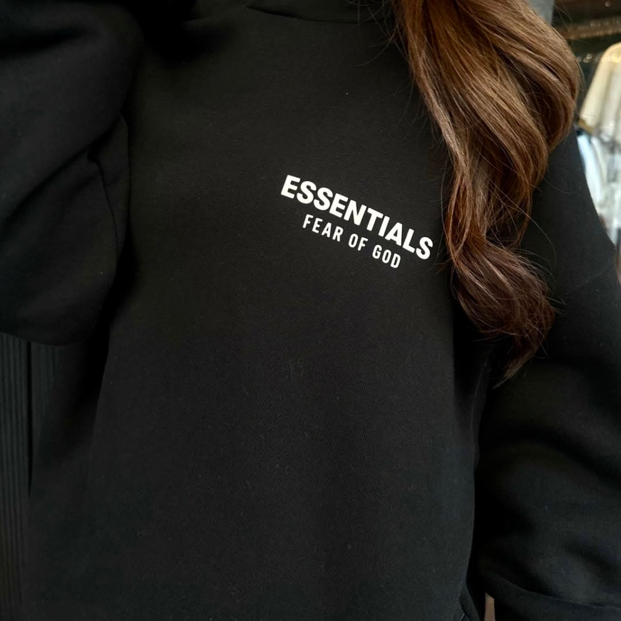 Fear Of God Essentials Signature Logo Black Hoodie - ORIGINALFOOK