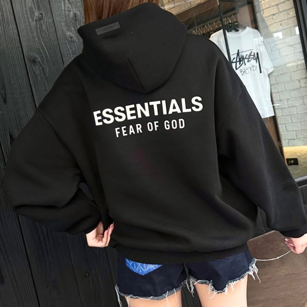 Fear Of God Essentials Signature Logo Black Hoodie - ORIGINALFOOK