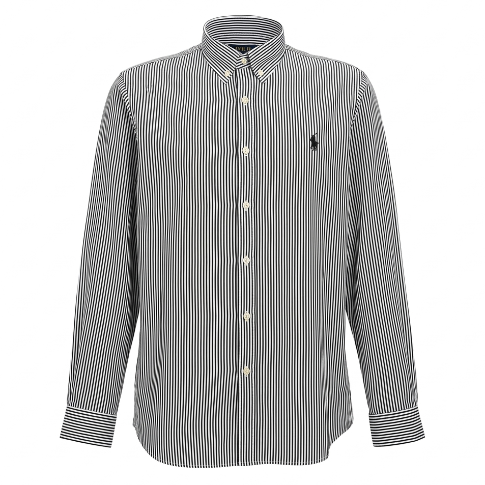 Polo Ralph Lauren long sleeve poplin shirt with logo embroidery and pinstriped pattern, featuring a classic collar and button front.