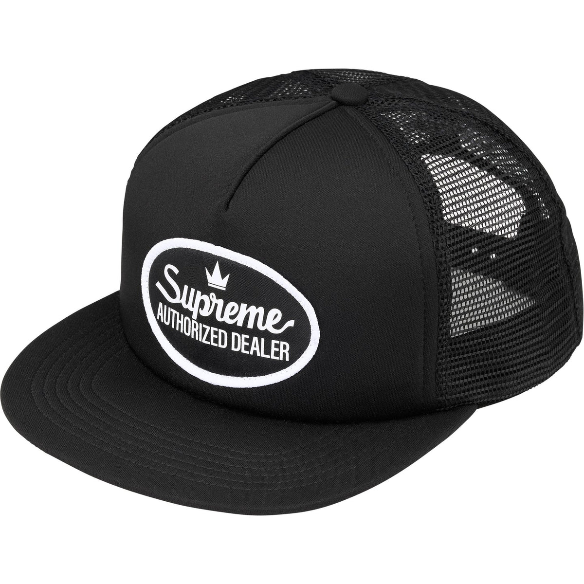 Black Supreme mesh trucker cap with adjustable snapback closure and embroidered logo, headwear by SUPREME.