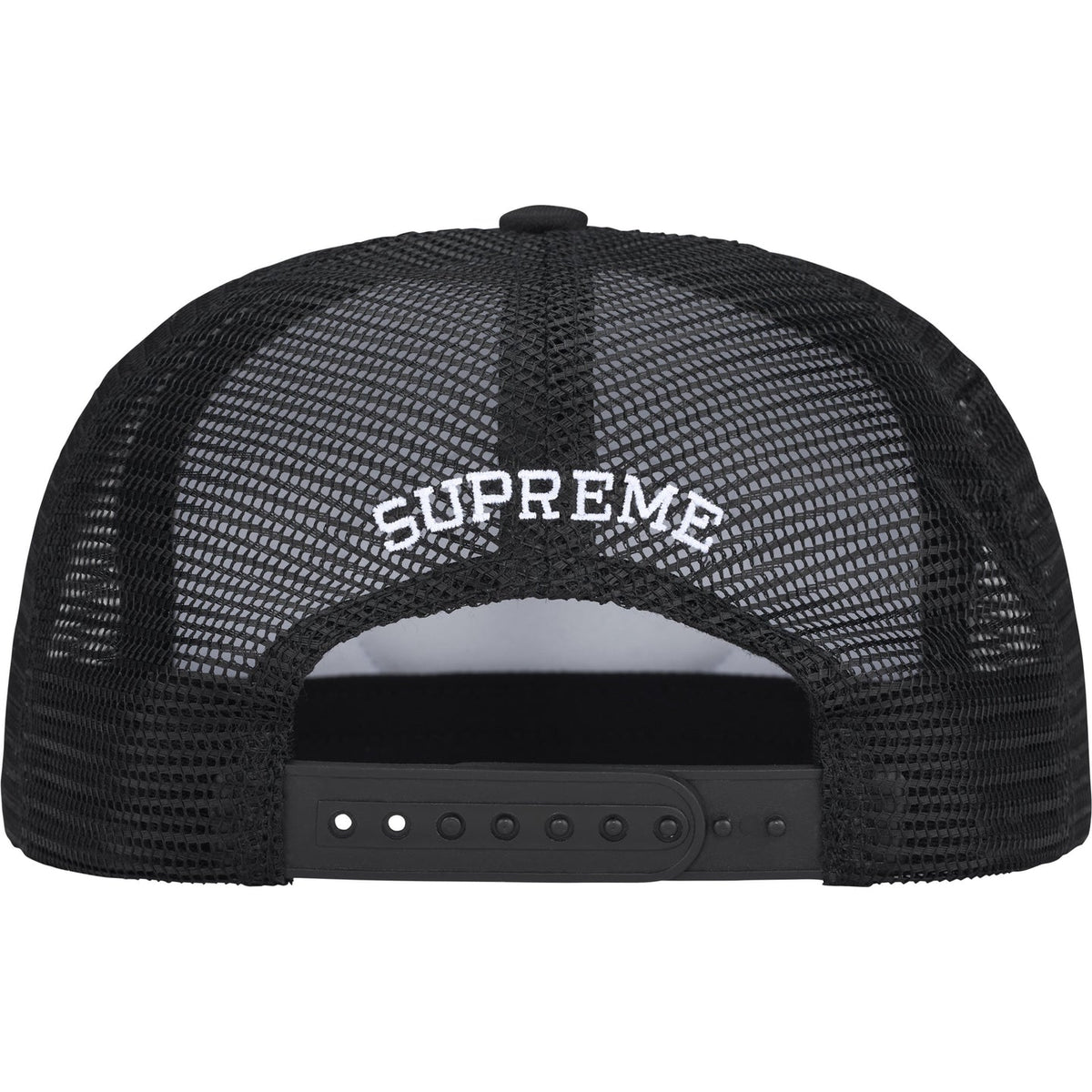 Black Supreme authorized dealer mesh trucker cap with adjustable snapback closure and embroidered logo on front.