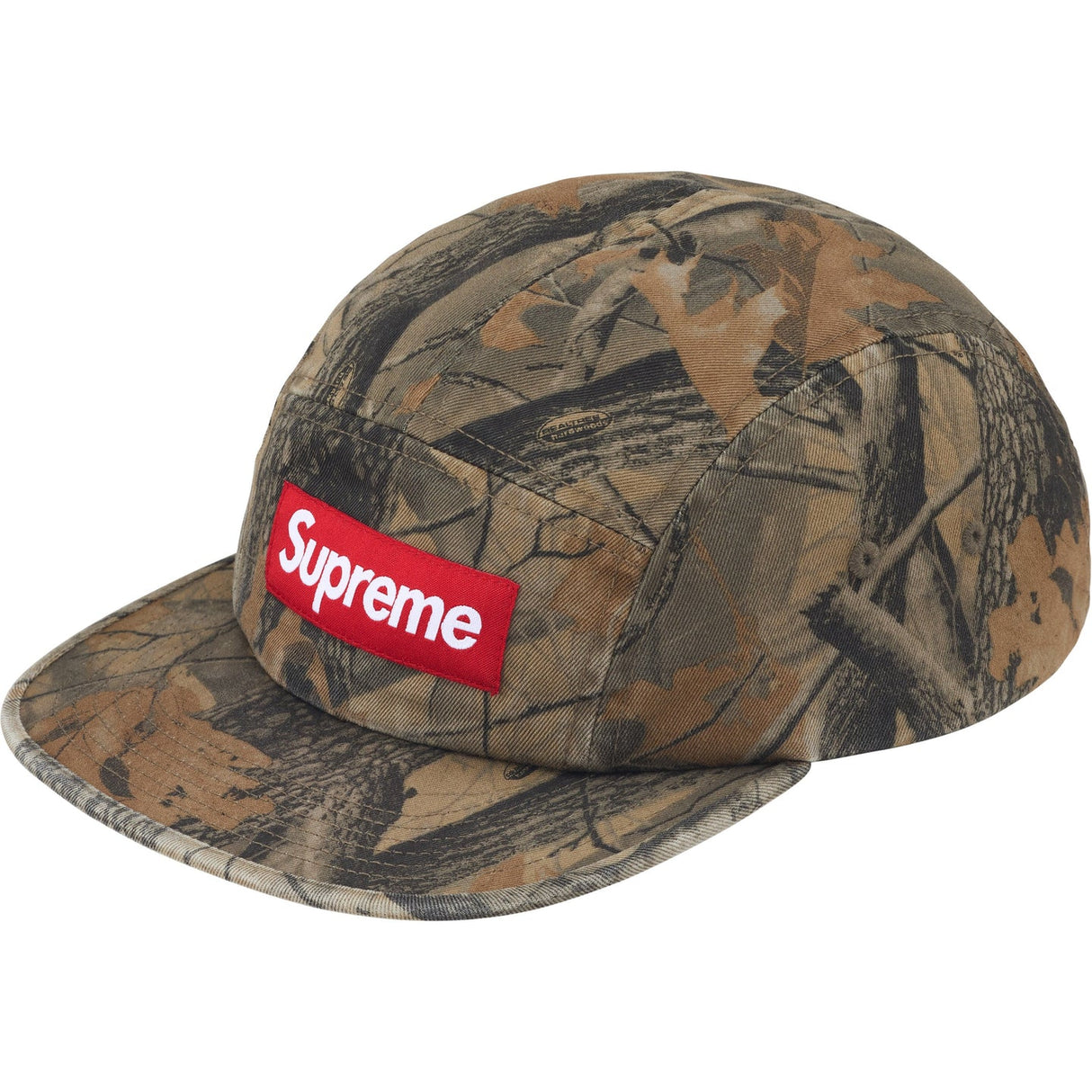 Supreme box logo chino twill cap in Tree Camo with adjustable strap and branded design, casual headwear for outdoor style.