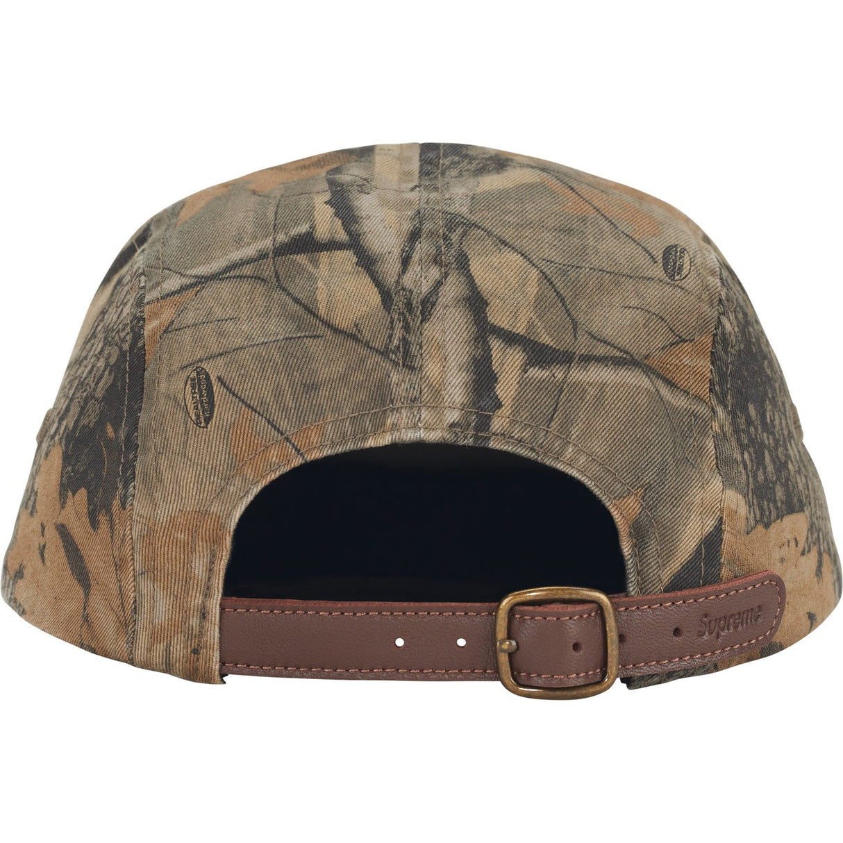 Supreme box logo chino twill cap in real tree camouflage, headwear with adjustable strap and stitched branding.