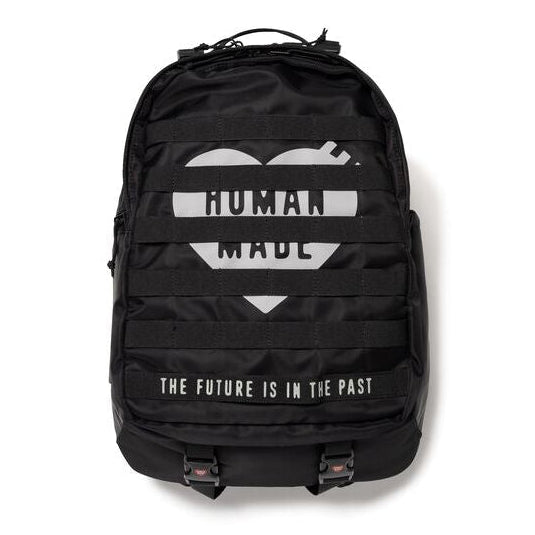 Black Human Made military backpack with multiple compartments and adjustable straps, designed for durability and style.