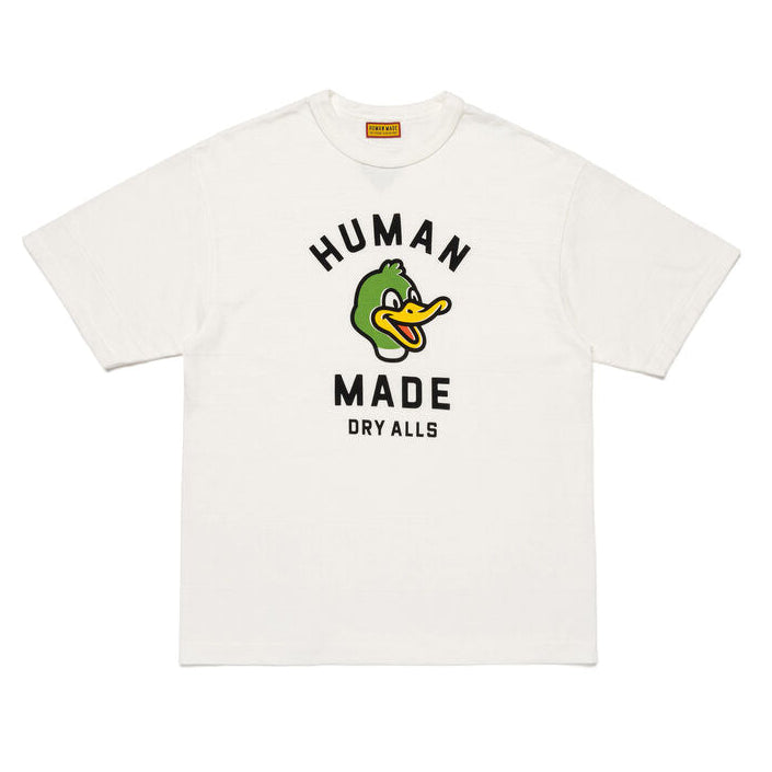 White Human Made Duck Tee featuring a graphic duck print on the front, casual t-shirt for streetwear style.