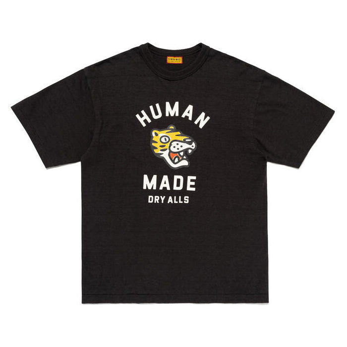 Black Human Made Tiger Tee displayed on a hanger with bold tiger graphic and casual fit, made from soft cotton fabric.