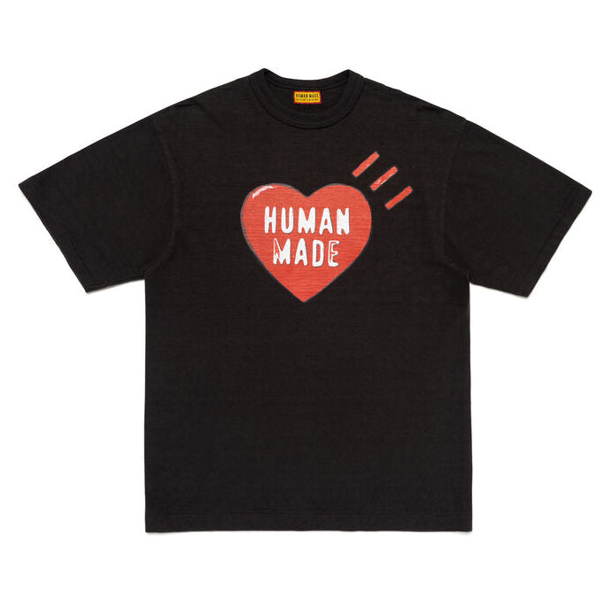 Black Human Made Red Heart T-shirt featuring a bold red heart graphic on the front.