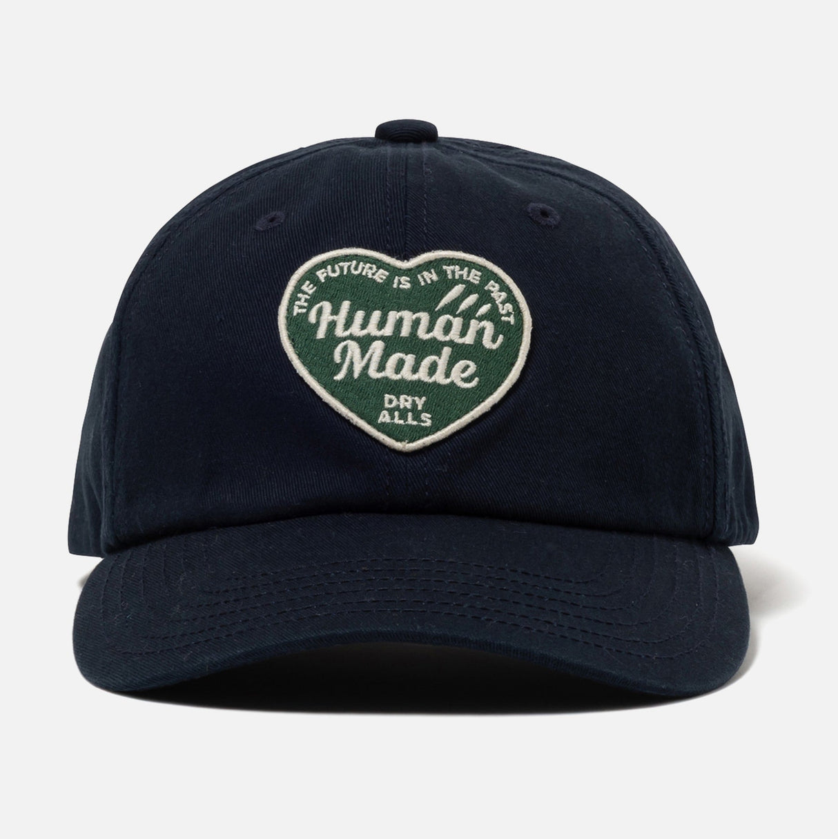 Navy Human Made Heart Logo 6-panel twill cap, casual headwear featuring embroidered heart logo and structured design.