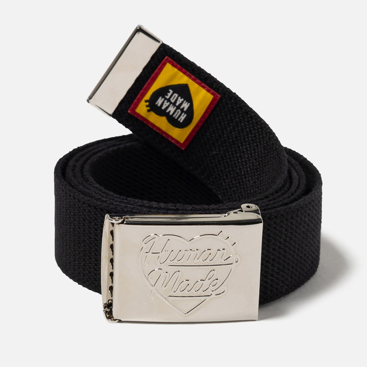 Black Human Made logo belt, a stylish accessory featuring the brand's logo in a sleek design.