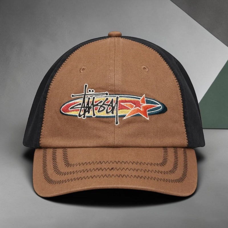 Stussy oval star brown cap, stylish headwear featuring a branded design and adjustable strap, perfect for casual wear.