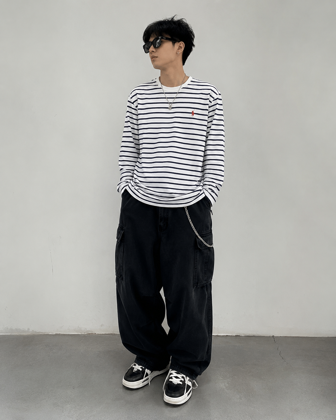 White and navy striped Polo Ralph Lauren classic fit heavyweight long sleeve tee, casual apparel for men.