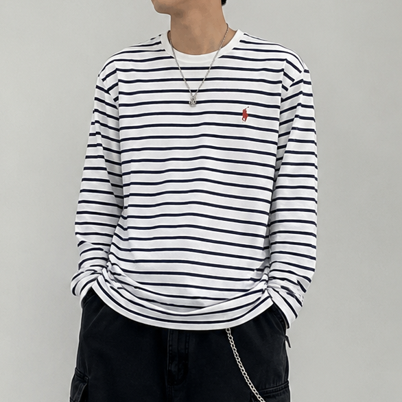 Polo Ralph Lauren long sleeve heavyweight tee in white with navy stripes, classic fit, casual apparel for men.